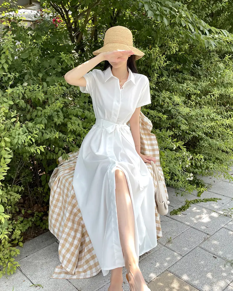 프렌치 무드 셔츠넥 리본 장식 X라인 원피스 상세 이미지 1