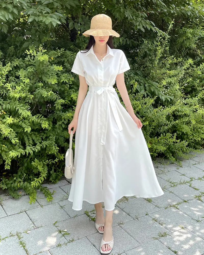프렌치 무드 셔츠넥 리본 장식 X라인 원피스 상세 이미지 3