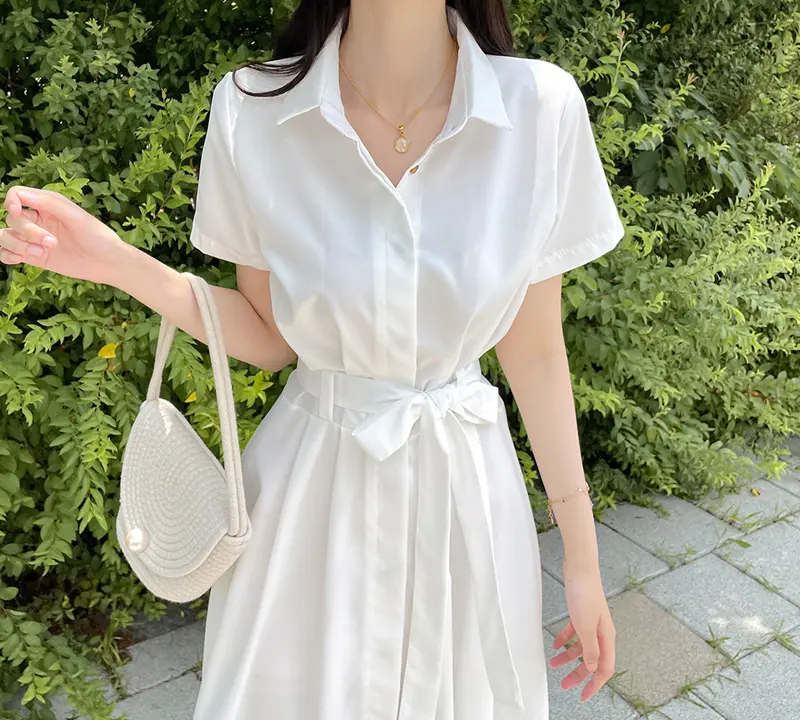 프렌치 무드 셔츠넥 리본 장식 X라인 원피스 상세 이미지 5