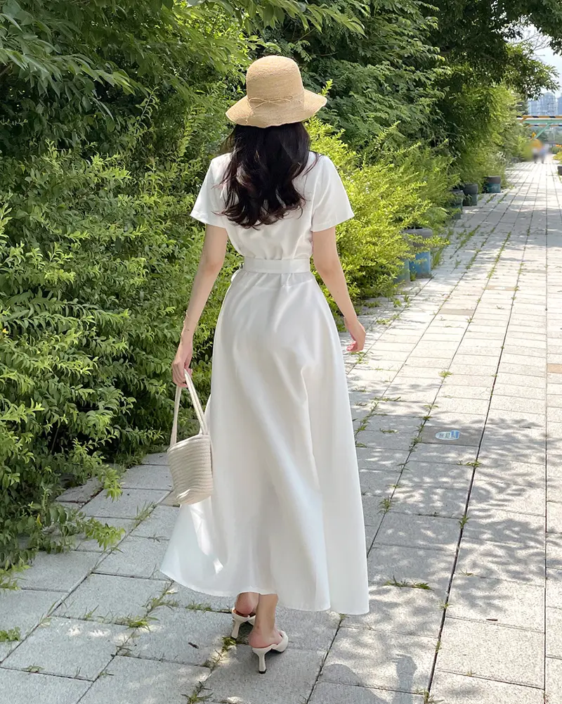 프렌치 무드 셔츠넥 리본 장식 X라인 원피스 상세 이미지 7