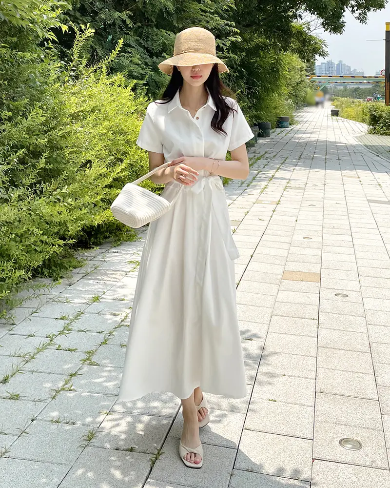 프렌치 무드 셔츠넥 리본 장식 X라인 원피스 상세 이미지 11