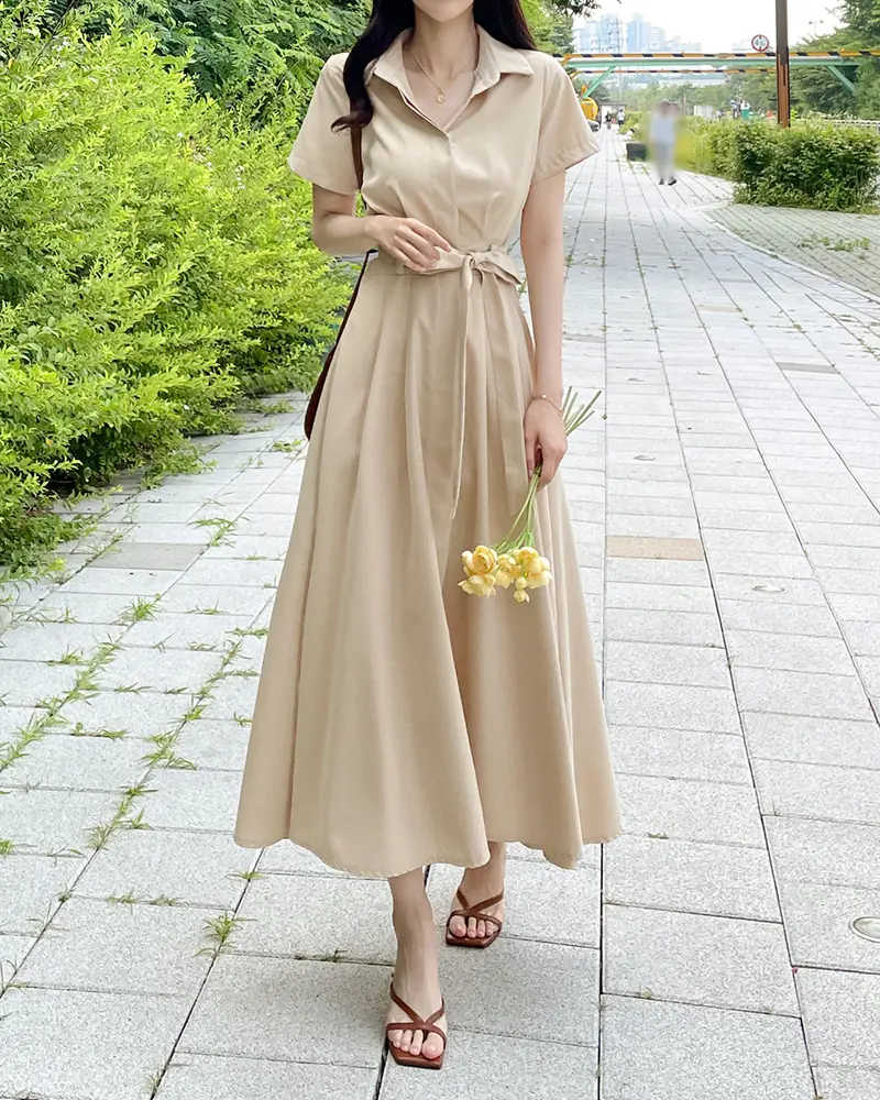 프렌치 무드 셔츠넥 리본 장식 X라인 원피스 상세 이미지 20