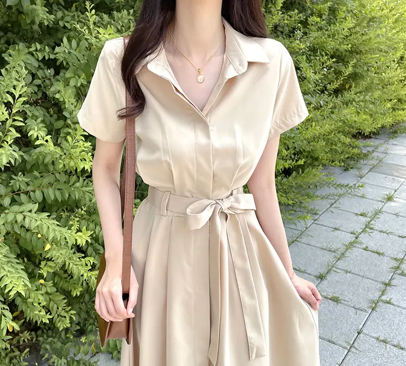 프렌치 무드 셔츠넥 리본 장식 X라인 원피스 상세 이미지 28