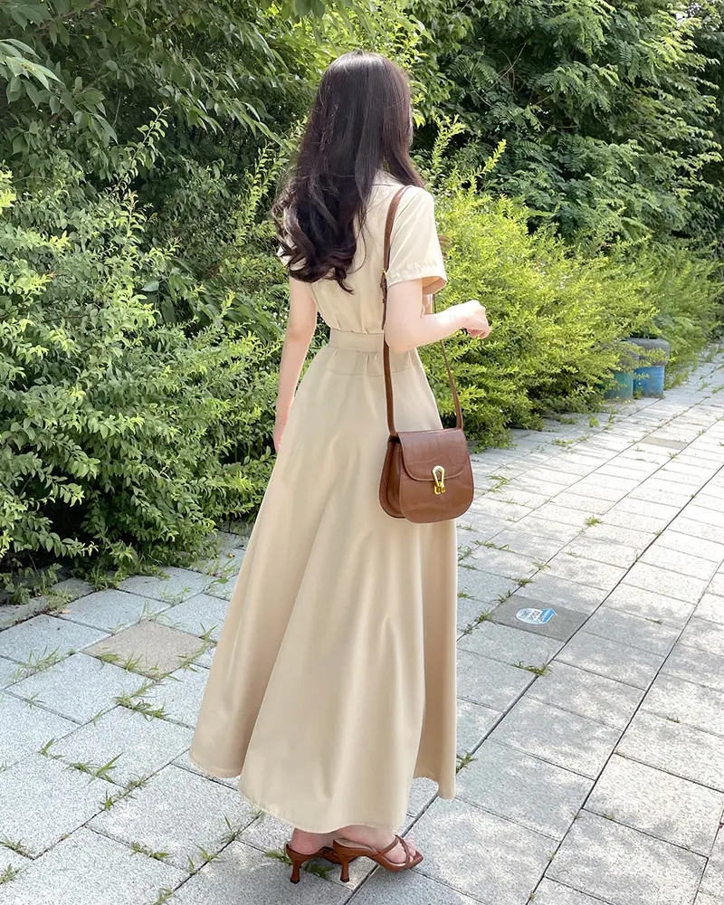 프렌치 무드 셔츠넥 리본 장식 X라인 원피스 상세 이미지 29