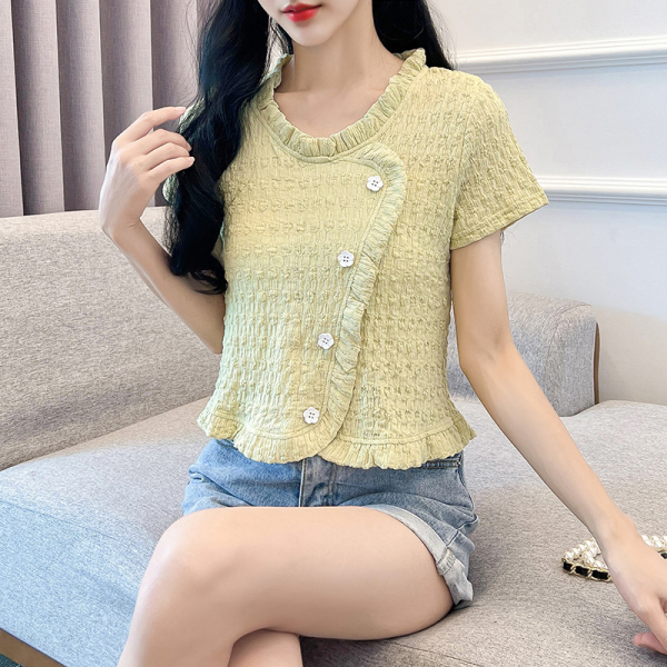 RM18486#夏季新款设计感不规则木耳边衬衣甜美衬衫上衣女