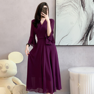 RM24091#七分袖紫色长裙大摆雪纺裙2023夏季新款气质显瘦减龄连衣裙沙滩裙