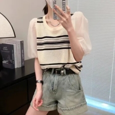 批发2026夏款时尚女人味绢丝条纹<b class='q'>针织衫</b>圆领拼接纱袖上衣