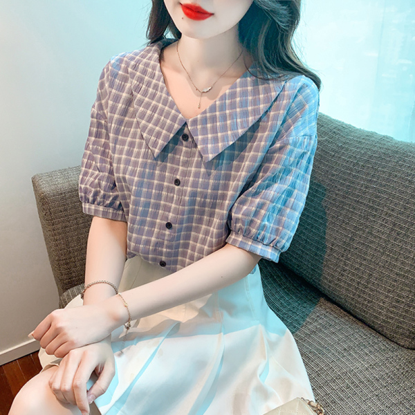 RM20145#夏季小清新娃娃领衬衫气质格子上衣洋气小衫