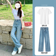批发夏季穿搭浅色牛仔<b class='q'>裤</b>女高腰显瘦甜酷<b class='q'>裤</b>子高街潮高腰直筒<b class='q'>裤</b>宽松