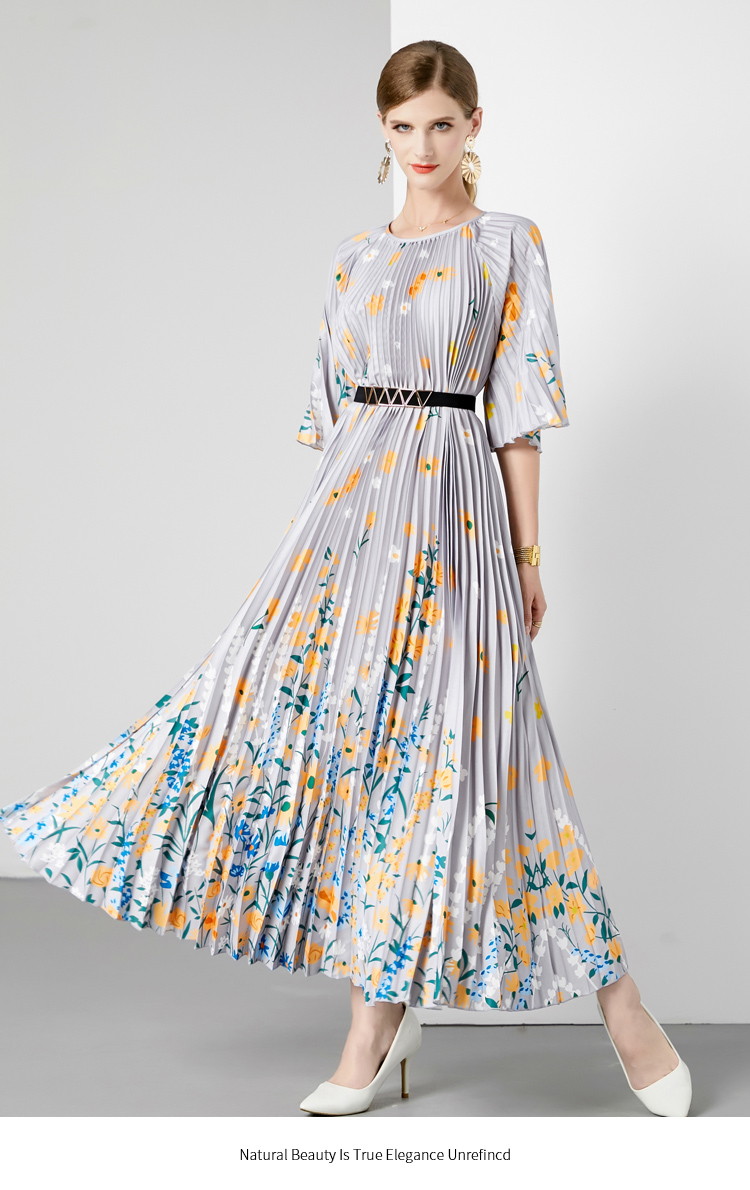 Miyake New Summer Pleated Long Dress Women O-Neck Lace-up Belt Print Loose Large Size Vintage Party  Vestidos Maxi Dress 2023