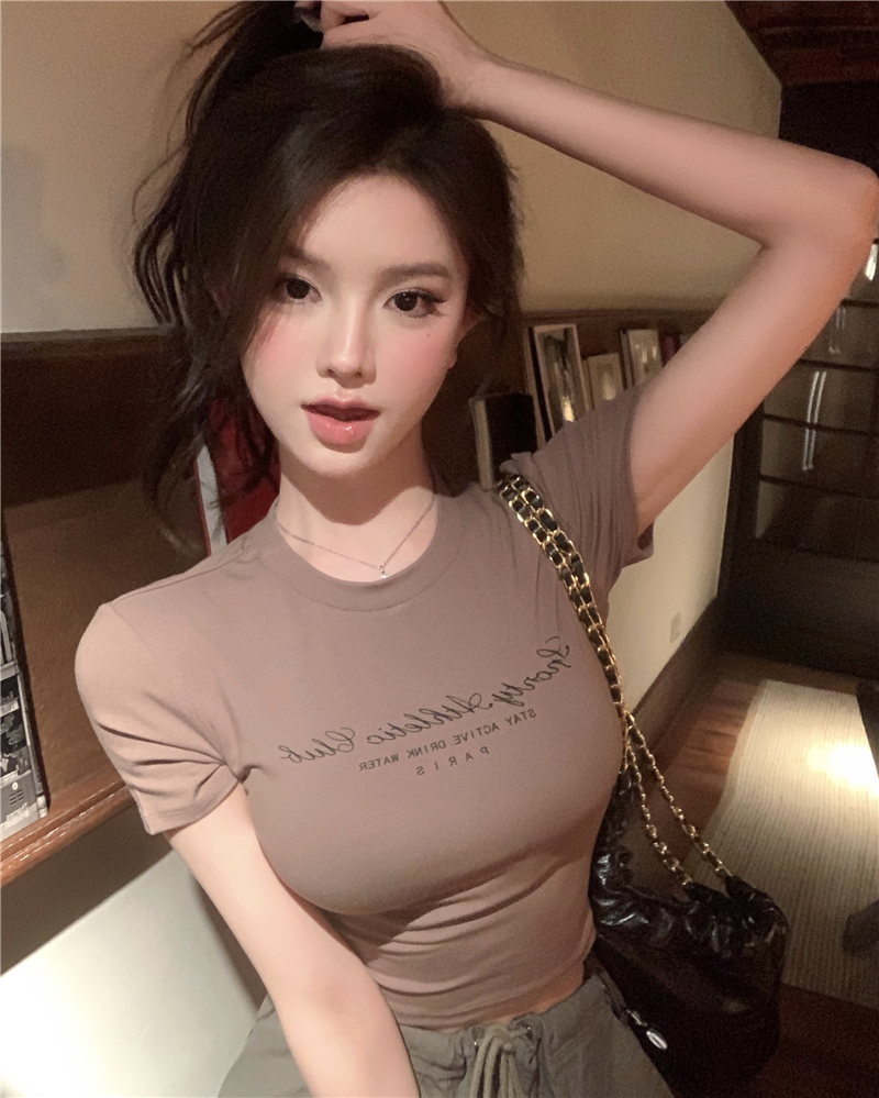 정가 실사 배색 알파벳 워터 마크 프린트 260g 높음 폭탄 짧은 tee 여름 몸매 가꾸기 반팔 맨위 여성 티셔츠
