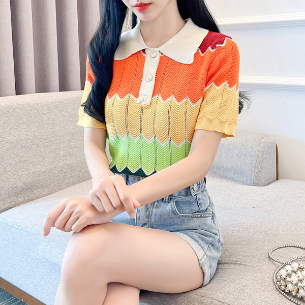 RM18487#夏季新款设计感宽松彩虹条纹Polo领T恤冰丝针织女