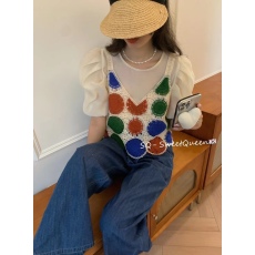 批发彩虹色钩花镂空无袖吊带背心女夏新款外穿修身短款针织<b class='q'>上衣</b>