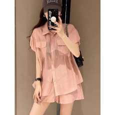 批发短袖衬衫短<b class='q'>裤</b>两件套女欧洲站2026夏新款欧货高级休闲宽松甜美套装