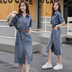 批发新款复古高级感气质V领时尚小众开叉A字牛仔显瘦百搭连衣裙欧货