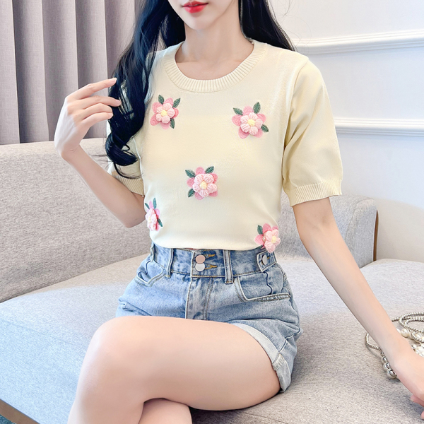 RM18430#夏季新款设计感立体花朵短袖圆领T恤冰丝针织女