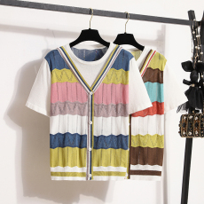 批发实拍大码女装2026夏新款温柔风彩色针织衫短袖假二件显瘦百搭上衣