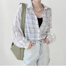 批发<b class='q'>韩版</b>夏季经典格子衬衫<b class='q'>大码</b>宽松长袖时尚小众防晒衣女上衣衬衣