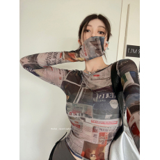 批发实拍实价春季新款复古网纱印花圆领t恤女<b class='q'>街头</b>氛围感洋气上衣