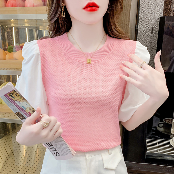 RM20705#法式泡泡袖韩版甜美简约大气气质圆领显瘦修身小众套头上衣女