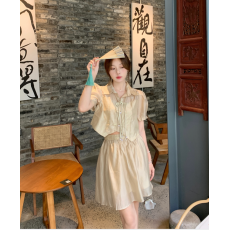 批发新中式国风设计感盘扣短袖上衣<b class='q'>高腰</b>显瘦半身裙俩件套