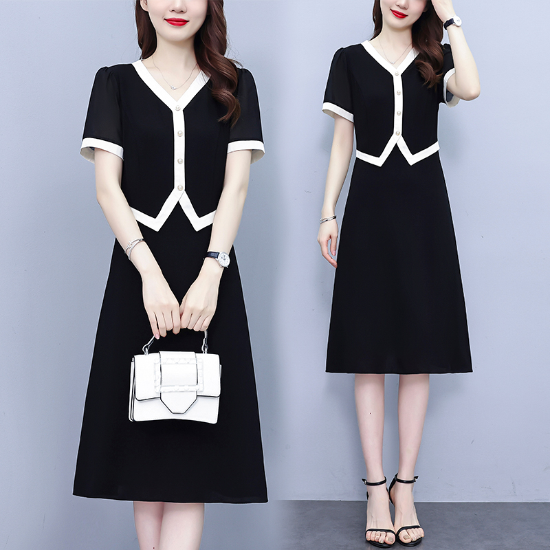 RY1202# 大码女装连衣裙雪纺拼接假两件显瘦赫本风小黑裙