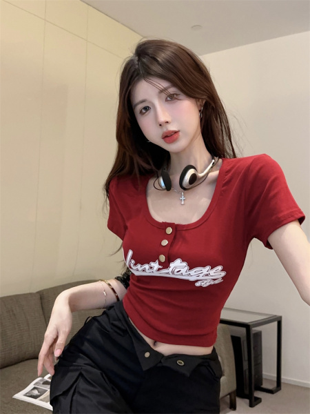 RM16746#夏季新款女装美式休闲字母印花紧身短款短袖T恤女