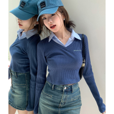 批发实拍2026春夏新款美式复古修身V领长袖T恤气质打底针织衫女