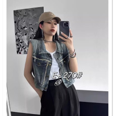批发欧洲站复古风无袖垫肩工装牛仔马甲女2023年夏季新款设计感短外套