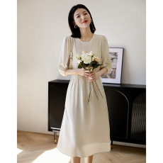 批发QZI683659MG笑涵阁 优雅气场抽褶收腰醋酸A字裙<b class='q'>真皮</b>系带连衣裙