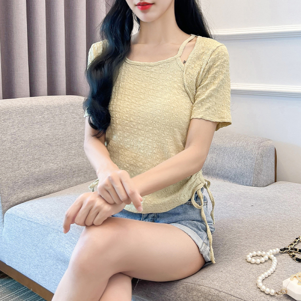 RM18458#夏季新款设计感假两件T恤甜辣妹纯欲风修身上衣女