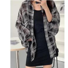 批发韩版夏季经典格子防晒衣时尚大码宽松原宿风衬衣外套女衬衫