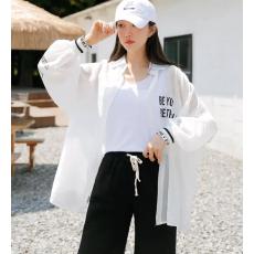 批发<b class='q'>韩版</b>夏季字母笑脸印花螺纹袖宽松防晒衣小众休闲衬衣上衣衬衫女