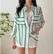 批发韩版夏季长袖ins时尚条纹时尚设计感休闲衬衫原宿风<b class='q'>防晒</b>衣女