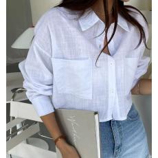 批发韩版春季短款双口袋衬衫设计感休闲长袖百搭衬衣宽松上衣女