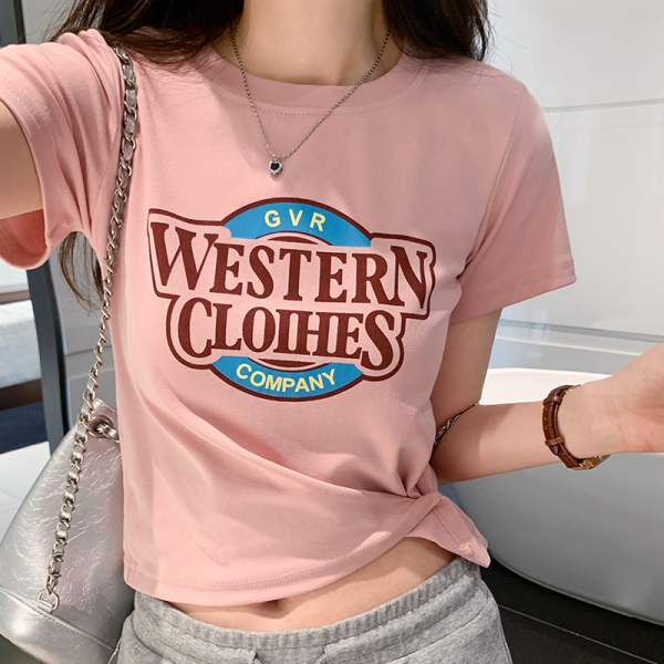 RM16759#美式正肩印花短袖t恤女夏季新款粉色修身辣妹短款小众上衣