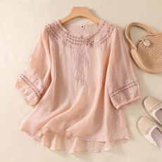 批发<b class='q'>实拍</b>夏季新款复古100支棉麻<b class='q'>衬衫</b>女文艺手工刺绣圆领<b class='q'>t</b>气质薄款上衣
