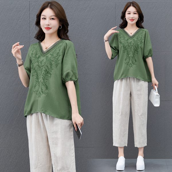 RM19869#新款韩版大码显瘦绣花两件套v领时髦棉麻套装女夏装 减龄