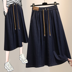 批发实拍大码女装2026春季松紧腰系带<b class='q'>牛仔</b>中<b class='q'>长裙</b>A字褶皱大摆裙显瘦