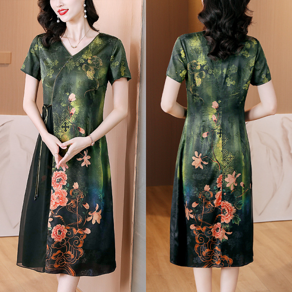 RM21999#夏季新款绿色印花真丝连衣裙气质女桑蚕丝短袖复古时尚