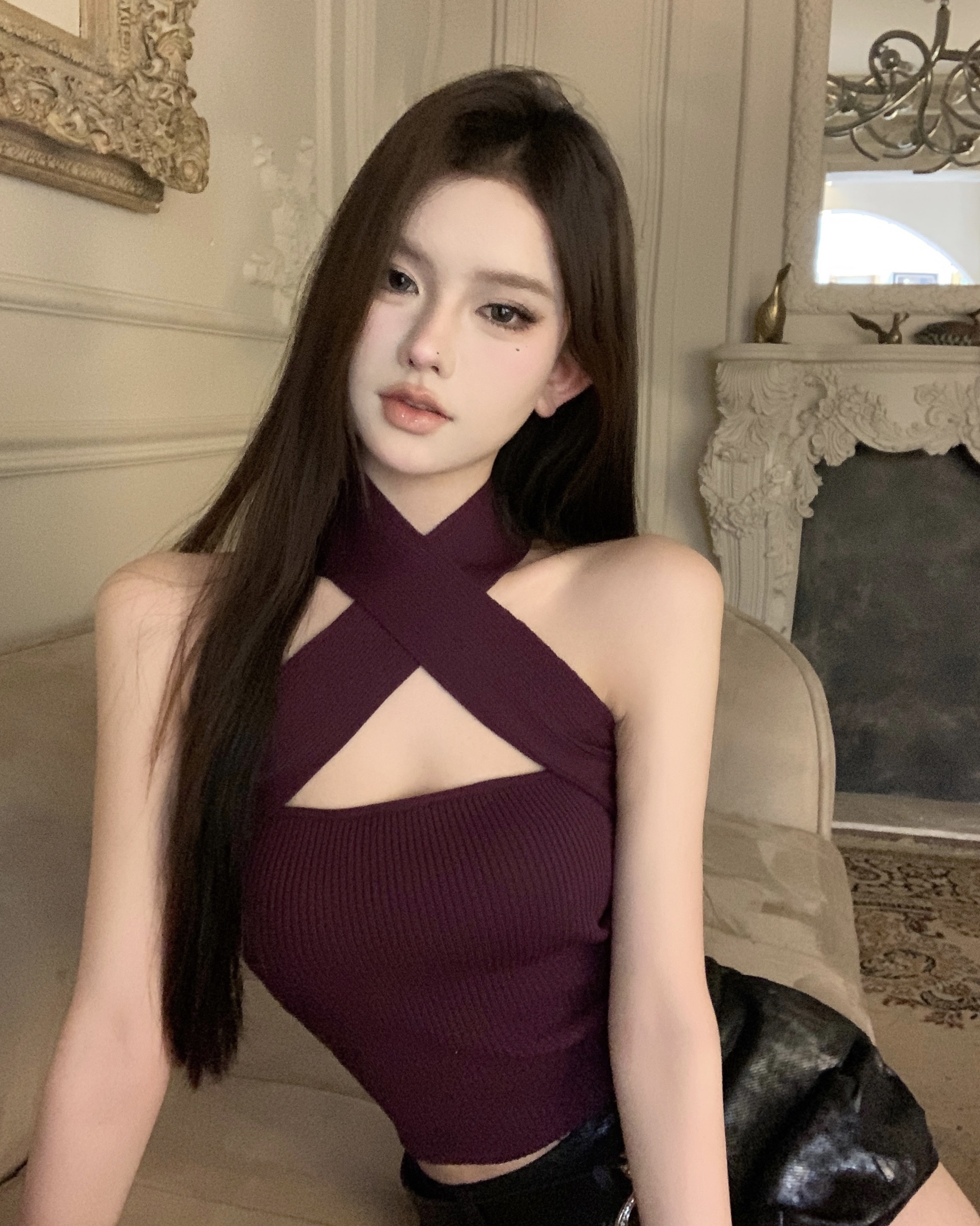 실사 정가 홍콩 느낌 품격 십자가 행침 목 슬립 기본 셔츠 쇼트 스타일 섹시함 외출용 작은 조끼 맨위
