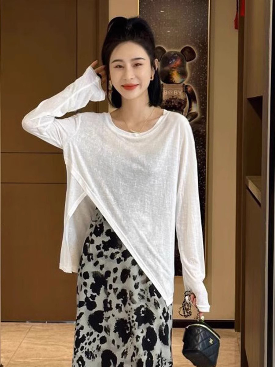 Irregular slit long-sleeved mask T-shirt for women summer new thin mesh sun protection blouse top design