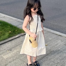 批发女童波点吊带套装2023夏弹力紧身上衣<b class='q'>儿童</b>无袖背心宽松裤裙两件套