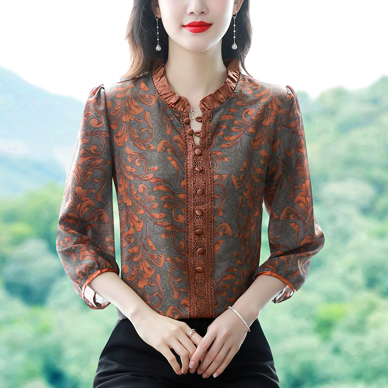 실사 고급 뽕나무 누에 실크 2026 여름 새로운 중간 소매 프릴 칼라 레이스 조각 품격 연령 감소 다용도 맨위