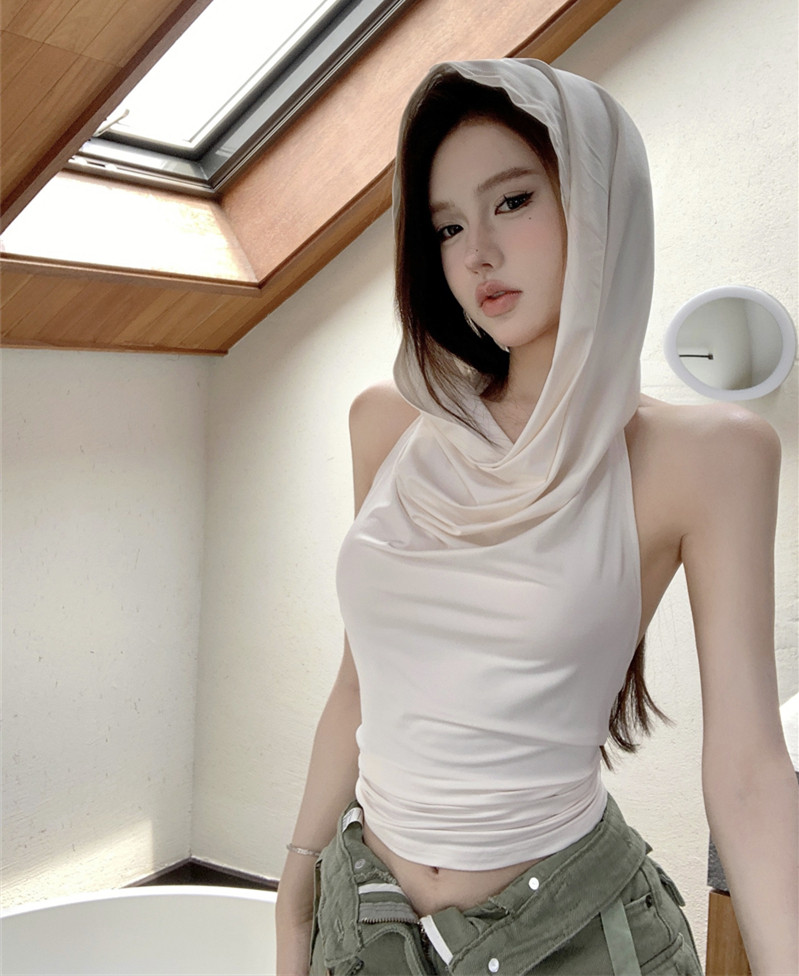 실사 정가 불모지 바람 디자인 센스 후드 민소매 작은 대중 슬림해 보이는 대 백리스 레이스업 조끼 맨위 여성