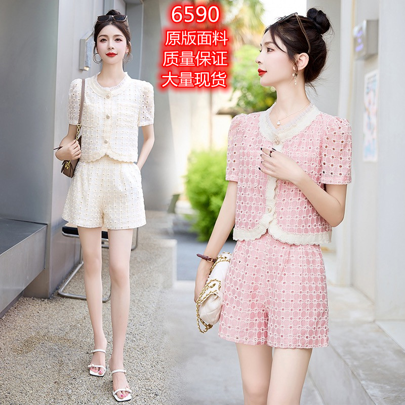 RY1213# 欧洲站2026夏季新款欧货时尚精品短袖镂空上衣+短裤两件小...