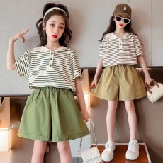 批发女童夏装套装韩版2026新款儿童娃娃领短袖洋气女孩夏款条纹两件套