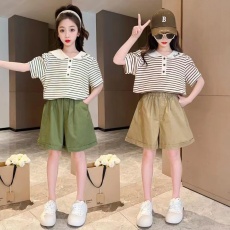 批发女童夏装套装韩版2026新款儿童娃娃领短袖洋气女孩夏款条纹两件套