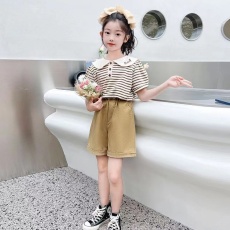 批发女童夏装套装韩版2026新款儿童娃娃领短袖洋气女孩夏款条纹两件套