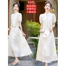 批发新中式国风连衣裙女2026夏新款高端年轻款仙气白色改良旗袍套装裙